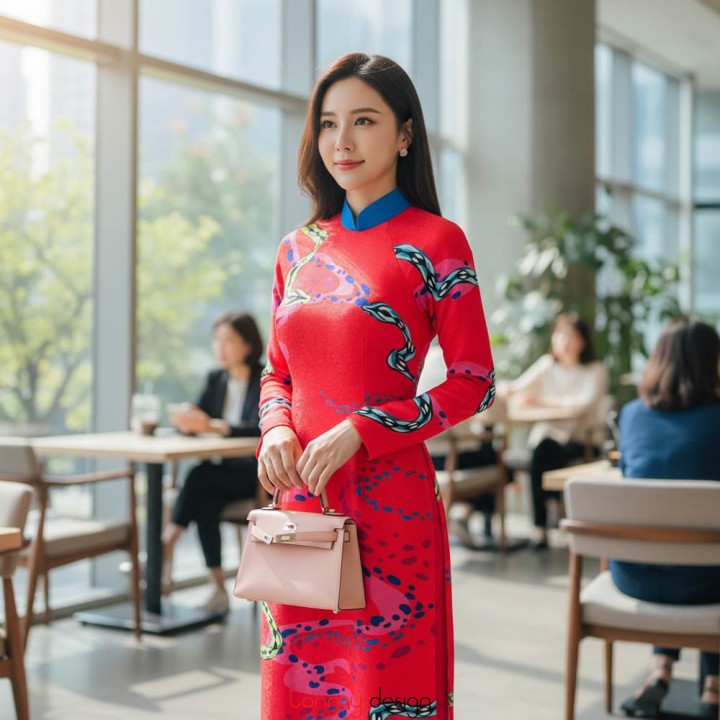 Áo dài Hà Nội xưa in rắn vải gấm nền đỏ